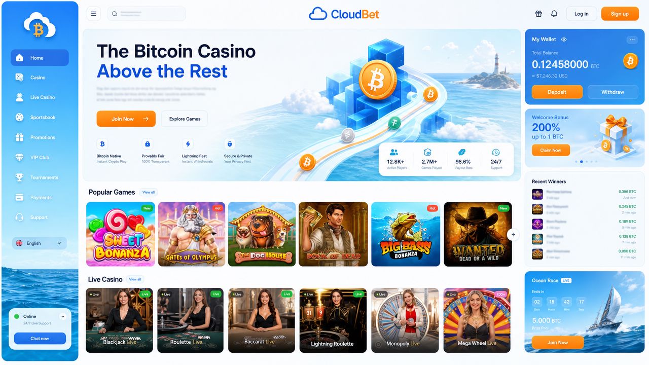 Cloudbet Bitcoin casino desktop interface showing game lobby and Bitcoin wallet widget