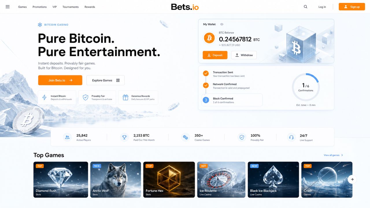 Bets.io Bitcoin casino desktop interface with game lobby and wallet dashboard