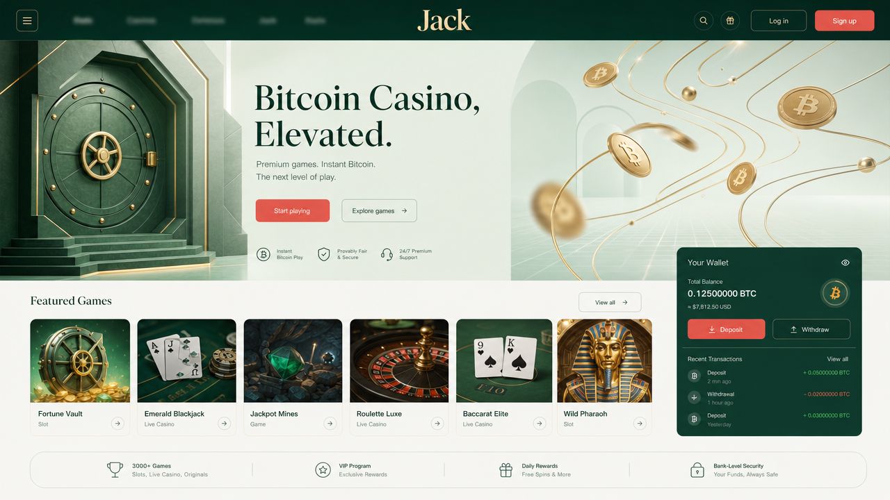 Jack Casino desktop lobby showing game grid and welcome offer panel