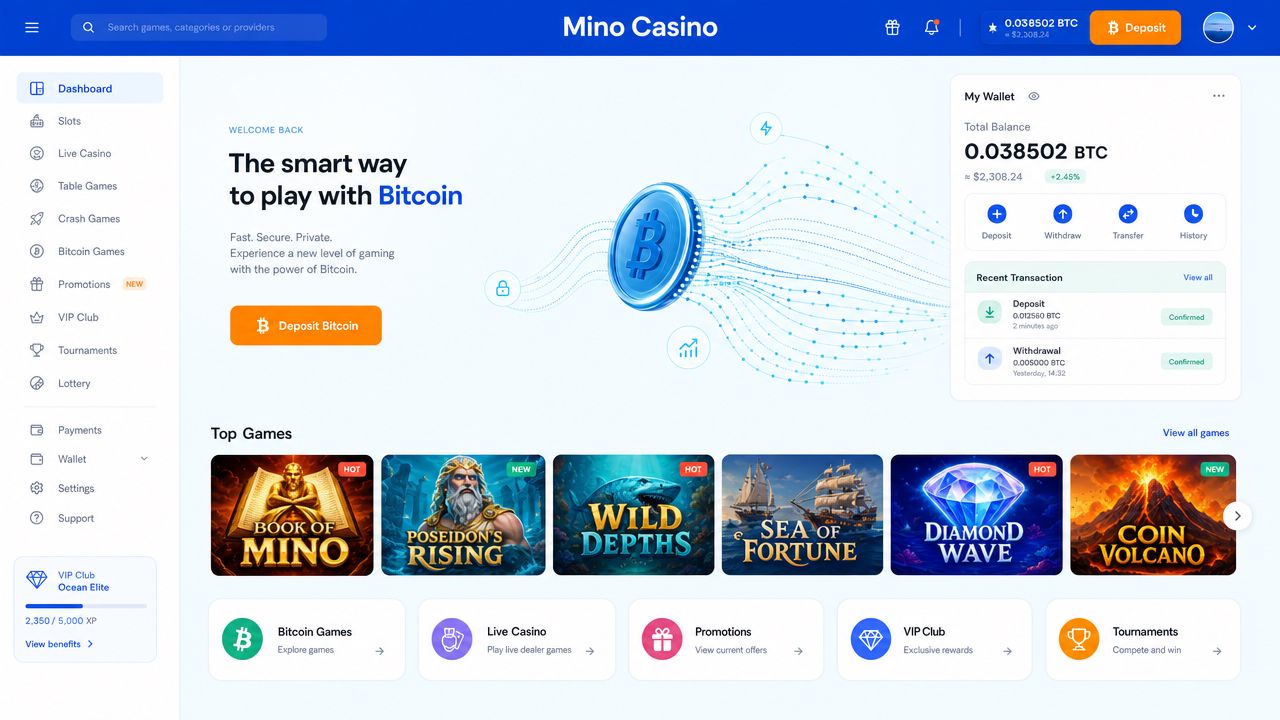 Mino Casino desktop lobby interface showing game tiles, wallet widget, and main navigation bar