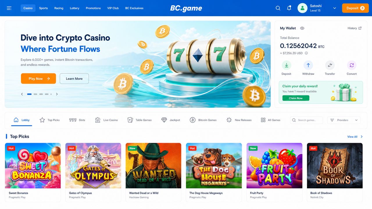 BC.game Bitcoin casino desktop interface showing game tile grid, sportsbook navigation, and wallet panel