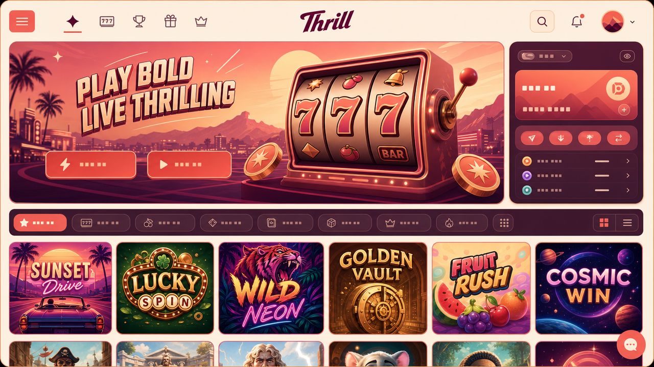 Desktop screenshot of Thrill online casino lobby with slot games and Bitcoin payment options