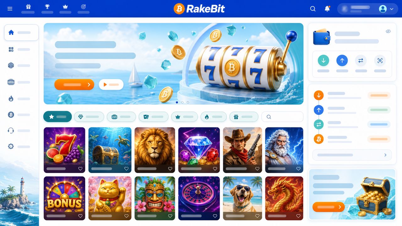 RakeBit casino desktop interface showing games and payment options